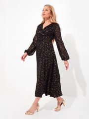 Joe Browns Black Festive Star Print Wrap Front Midi Dress - Image 3 of 7