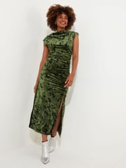 Joe Browns Green Flattering Ruched Cowl Neck Flocked Velour Bodycon Midi Dress - Image 1 of 5