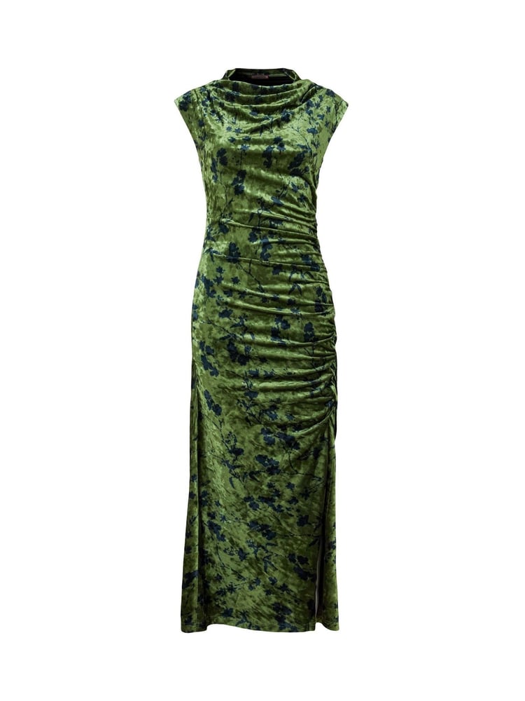 Joe Browns Green Flattering Ruched Cowl Neck Flocked Velour Bodycon Midi Dress - Image 5 of 5