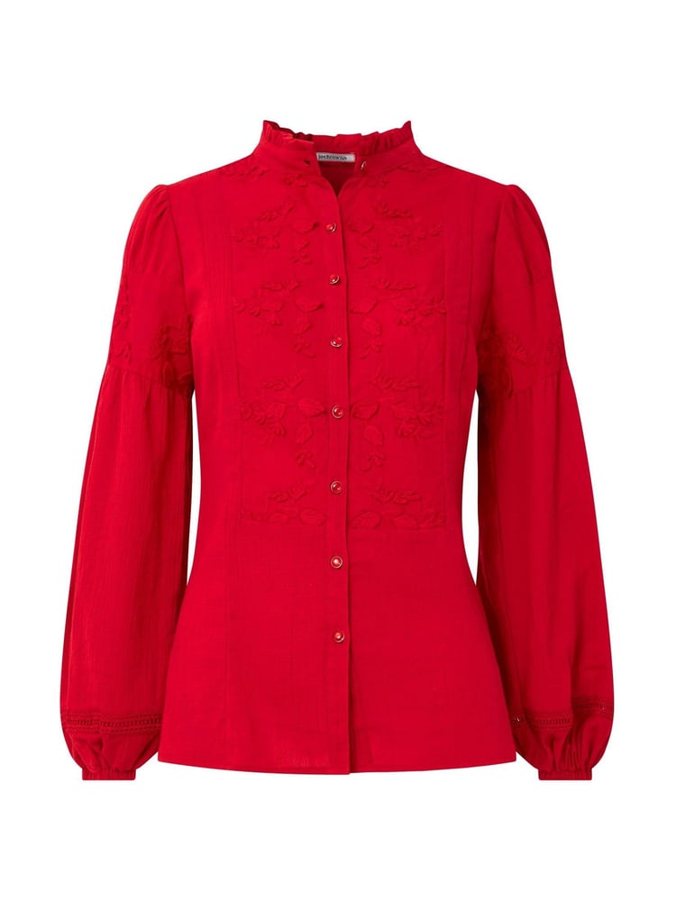 Joe Browns Red Frilly Neck Broderie Embroidered Long Sleeve Blouse - Image 5 of 5