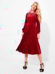 Joe Browns Red Velour Voluminous Sleeve Midi Dress - Image 1 of 5