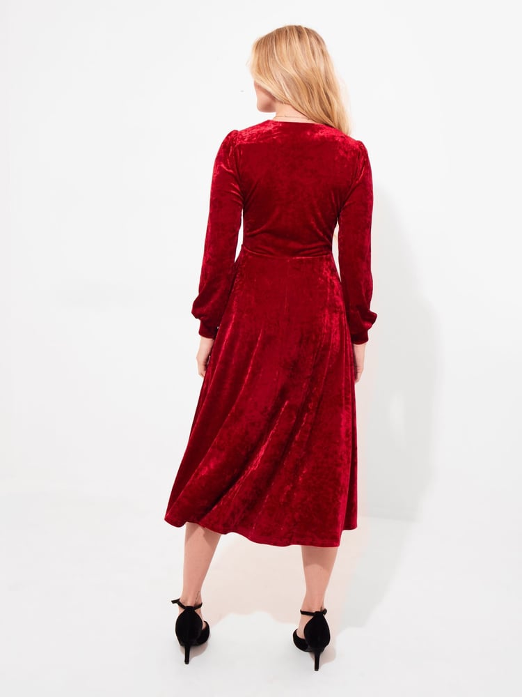 Joe Browns Red Velour Voluminous Sleeve Midi Dress - Image 2 of 5
