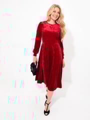 Joe Browns Red Velour Voluminous Sleeve Midi Dress - Image 3 of 5