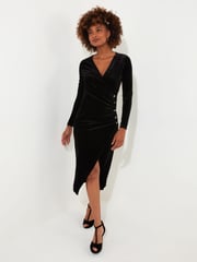 Joe Browns Black Velour Long-Sleeved Wrap Dress with Flattering Side Ruching - Image 1 of 5