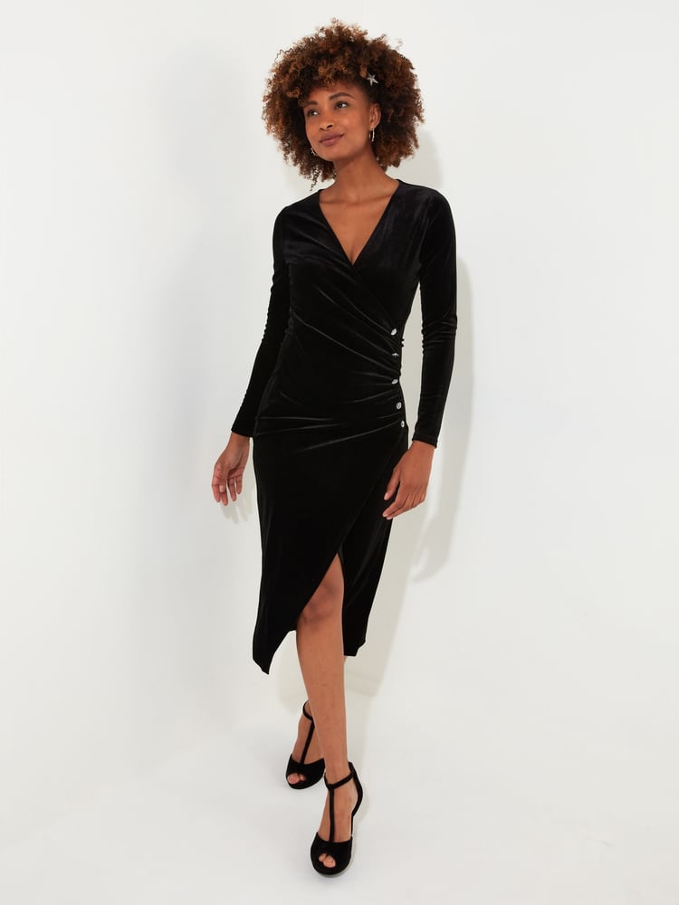 Joe Browns Black Velour Long-Sleeved Wrap Dress with Flattering Side Ruching - Image 1 of 5