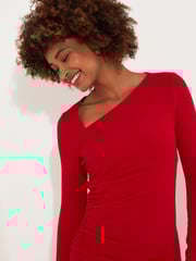 Joe Browns Red Simple Long-Sleeved Bodycon Dress with Asymmetric Neck and Hem - Image 5 of 7