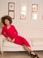 Joe Browns Red Simple Long-Sleeved Bodycon Dress with Asymmetric Neck and Hem - Image 6 of 7