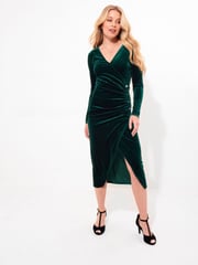 Joe Browns Green Velour Long-Sleeved Wrap Dress with Flattering Side Ruching - Image 4 of 7