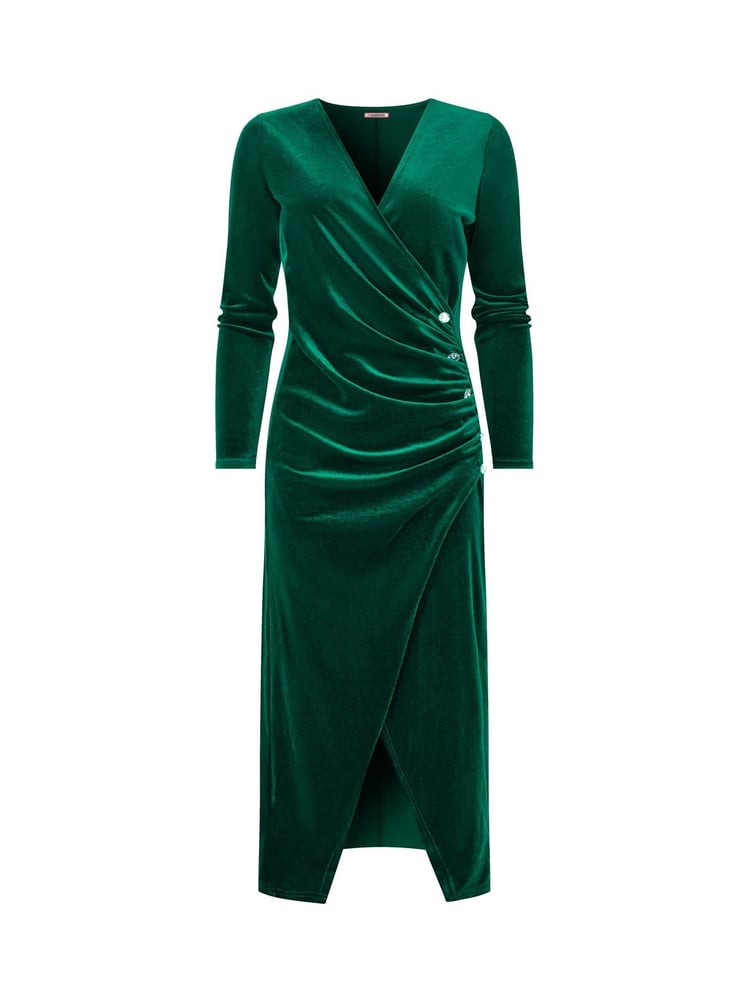 Joe Browns Green Velour Long-Sleeved Wrap Dress with Flattering Side Ruching - Image 7 of 7