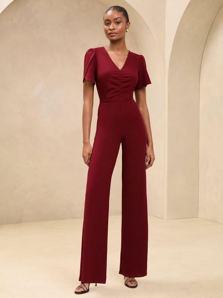 Burgundy Red Short Sleeve Ruched Front V-Neck Jumpsuit - Image 1 of 4