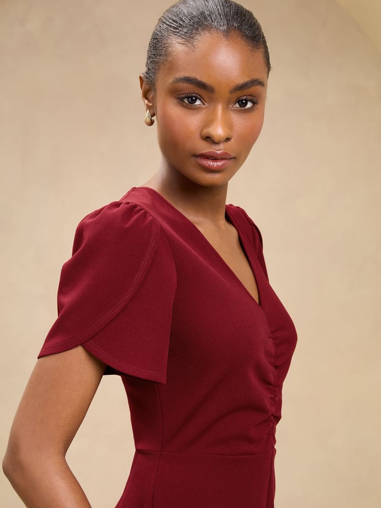 Burgundy Red Short Sleeve Ruched Front V-Neck Jumpsuit - Image 2 of 4 Burgundy Red Short Sleeve Ruched Front V-Neck Jumpsuit - Image 2 of 4