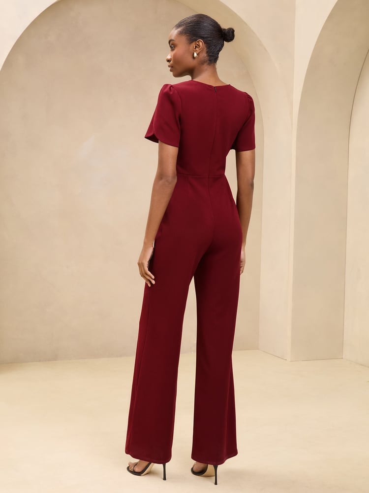 Burgundy Red Short Sleeve Ruched Front V-Neck Jumpsuit - Image 4 of 4 Burgundy Red Short Sleeve Ruched Front V-Neck Jumpsuit - Image 4 of 4