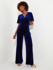 Joe Browns Black Petite Velour Flutter Sleeve Mock Wrap Wide Leg Jumpsuit - Image 1 of 5