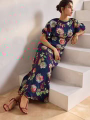 Navy Blue Floral Print Puff Sleeve Midi Dress - Image 3 of 10