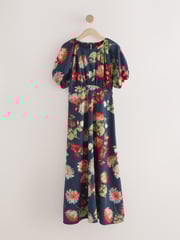 Navy Blue Floral Print Puff Sleeve Midi Dress - Image 7 of 10