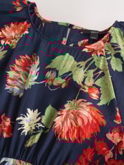Navy Blue Floral Print Puff Sleeve Midi Dress - Image 8 of 10