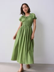 Olive Green Puff Sleeve Seersucker Midi Summer Dress - Image 1 of 7
