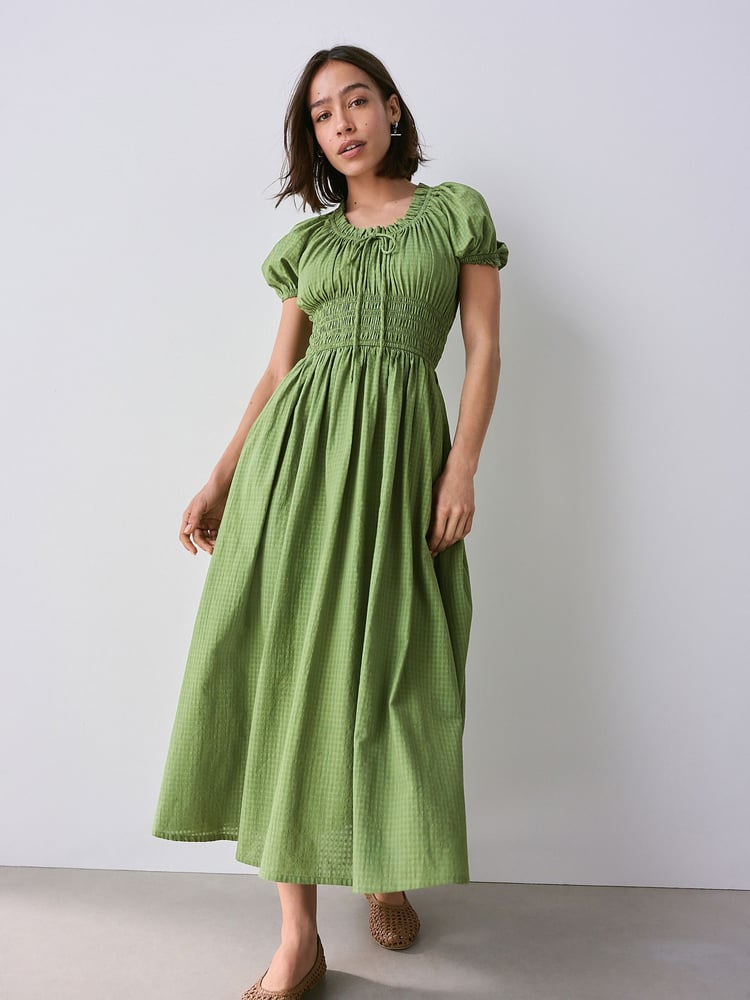 Olive Green Puff Sleeve Seersucker Midi Summer Dress - Image 1 of 7