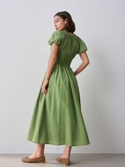 Olive Green Puff Sleeve Seersucker Midi Summer Dress - Image 3 of 7