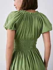 Olive Green Puff Sleeve Seersucker Midi Summer Dress - Image 4 of 7