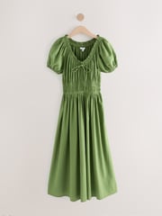 Olive Green Puff Sleeve Seersucker Midi Summer Dress - Image 5 of 7
