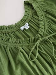 Olive Green Puff Sleeve Seersucker Midi Summer Dress - Image 6 of 7