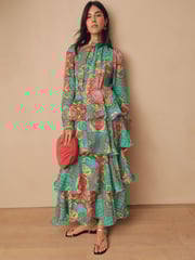 Bright Green Paisley Print N. Premium Long Sleeve Tiered Boho Occasion Maxi Dress - Image 1 of 7