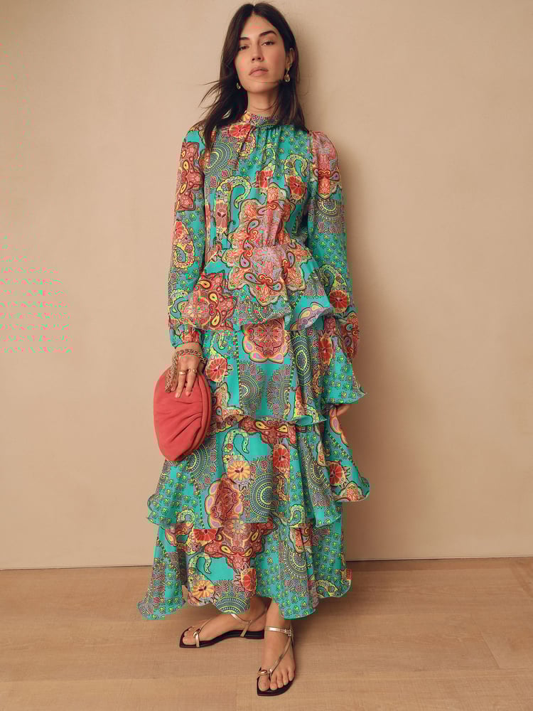 Bright Green Paisley Print N. Premium Long Sleeve Tiered Boho Occasion Maxi Dress - Image 1 of 7
