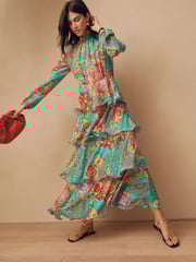 Bright Green Paisley Print N. Premium Long Sleeve Tiered Boho Occasion Maxi Dress - Image 2 of 7