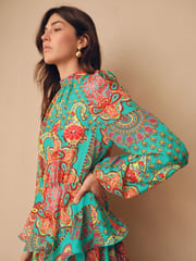 Bright Green Paisley Print N. Premium Long Sleeve Tiered Boho Occasion Maxi Dress - Image 4 of 7
