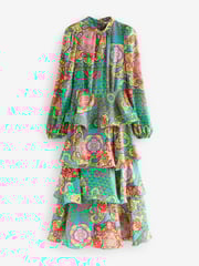 Bright Green Paisley Print N. Premium Long Sleeve Tiered Boho Occasion Maxi Dress - Image 5 of 7