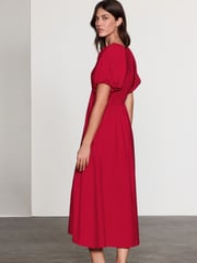 Bright Red Print Puff Sleeve Midi Dress - Image 2 of 7