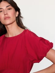 Bright Red Print Puff Sleeve Midi Dress - Image 3 of 7