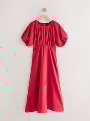 Bright Red Print Puff Sleeve Midi Dress - Image 5 of 7