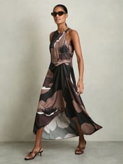 Reiss Brown Michalie Satin Floral Tuck Midi Dress - Image 1 of 6
