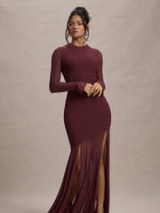 Club L London Red Tigerlily Mesh Long-Sleeve Open Back Maxi Dress - Image 1 of 7