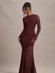 Club L London Red Tigerlily Mesh Long-Sleeve Open Back Maxi Dress - Image 2 of 7