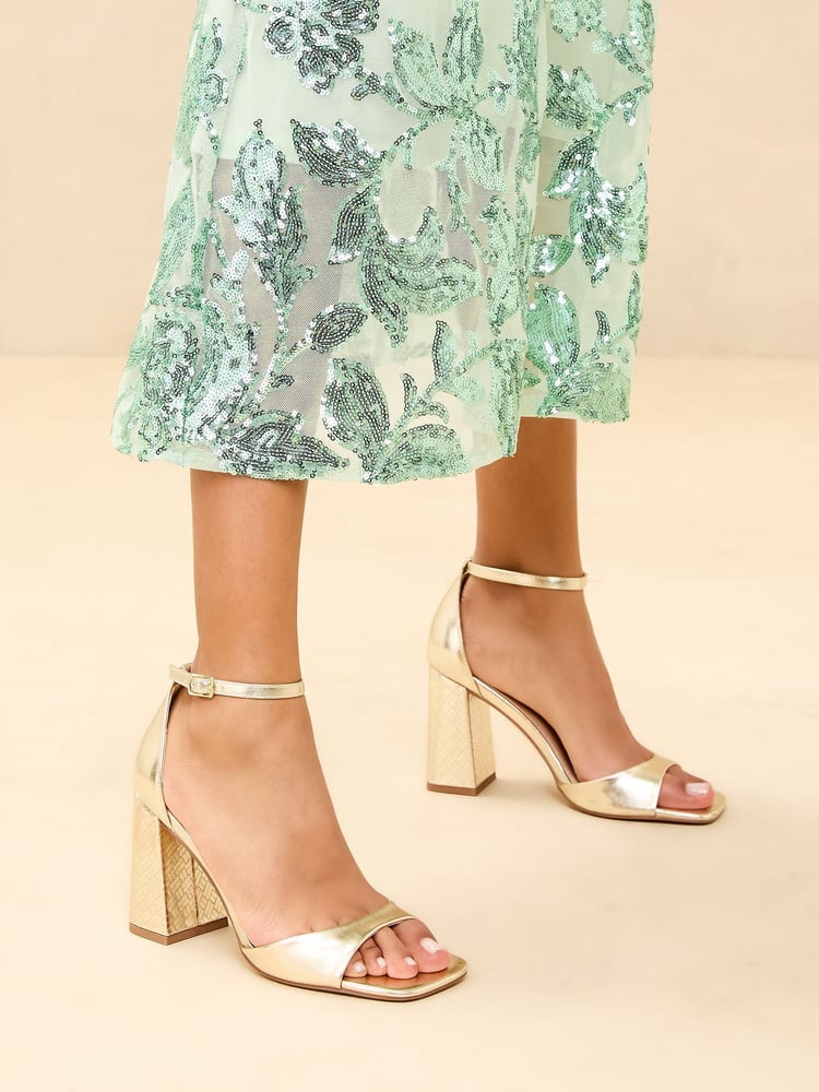 Lipsy Gold Standard Fit High Block Heel Faux Leather Sandals - Image 1 of 5