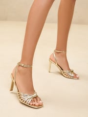 Lipsy Gold Wide Fit High Heel Knot Multi Strap Faux Leather Sandals - Image 1 of 5