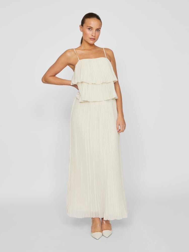 VILA Cream Chiffon Ruffle Pleated Maxi Occasion Dress - Image 1 of 6