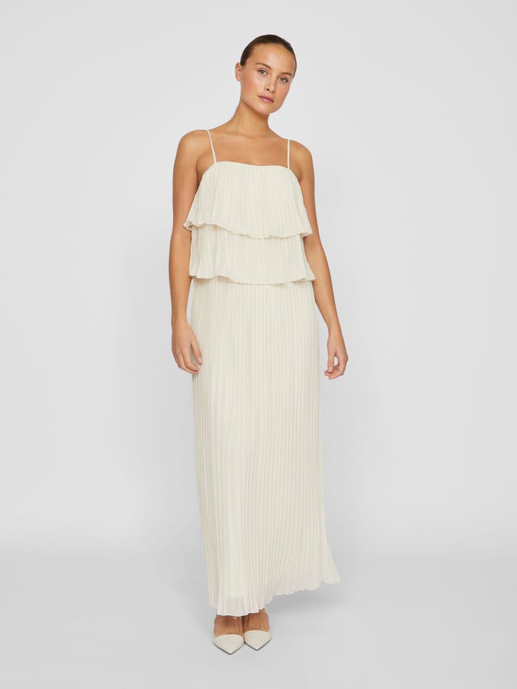 VILA Cream Chiffon Ruffle Pleated Maxi Occasion Dress - Image 2 of 6