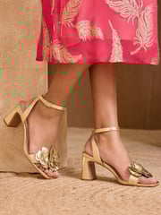 Love & Roses Gold Flower Trim Mid Block Heel Sandals - Image 3 of 5