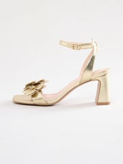 Love & Roses Gold Flower Trim Mid Block Heel Sandals - Image 5 of 5