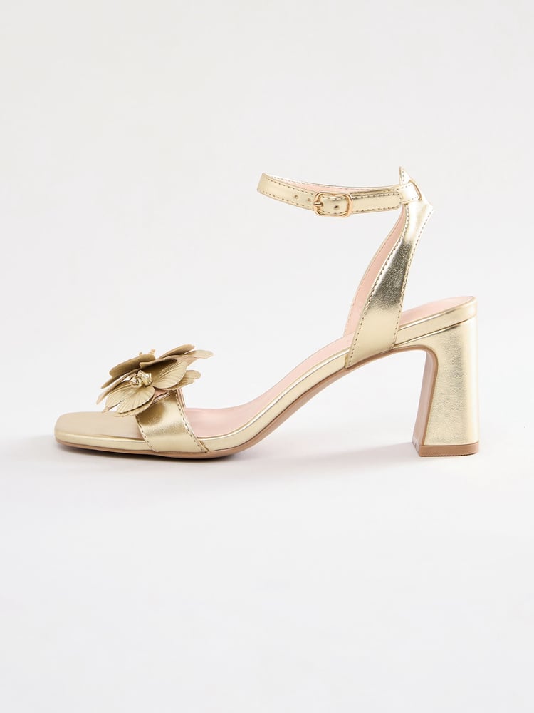 Love & Roses Gold Flower Trim Mid Block Heel Sandals - Image 5 of 5