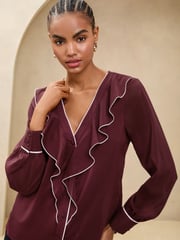 Lipsy Burgundy Red Tipped V-Neck Ruffle Long Sleeve Blouse - Image 1 of 4