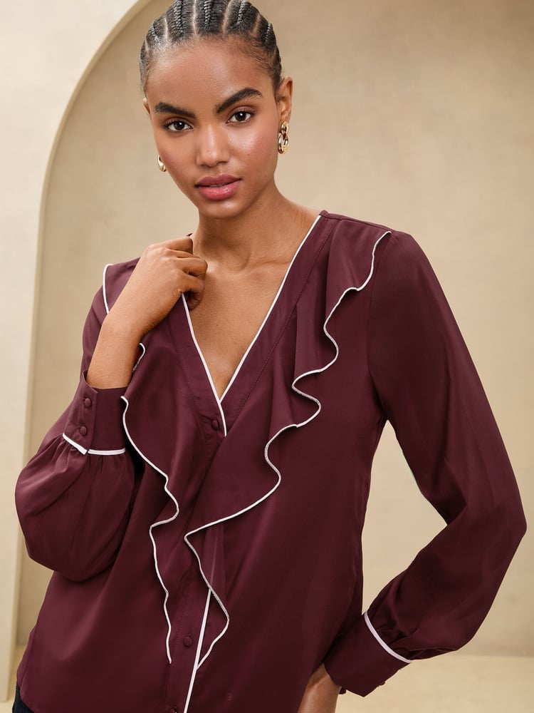 Lipsy Burgundy Red Tipped V-Neck Ruffle Long Sleeve Blouse - Image 1 of 4