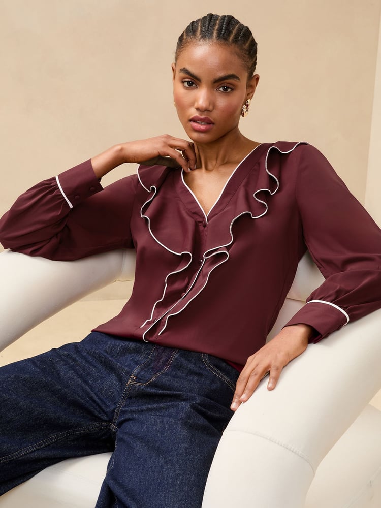 Lipsy Burgundy Red Tipped V-Neck Ruffle Long Sleeve Blouse - Image 2 of 4