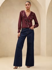 Lipsy Burgundy Red Tipped V-Neck Ruffle Long Sleeve Blouse - Image 3 of 4