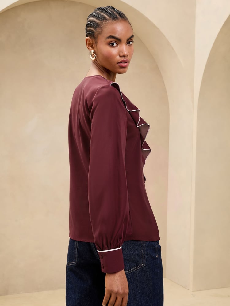 Lipsy Burgundy Red Tipped V-Neck Ruffle Long Sleeve Blouse - Image 4 of 4