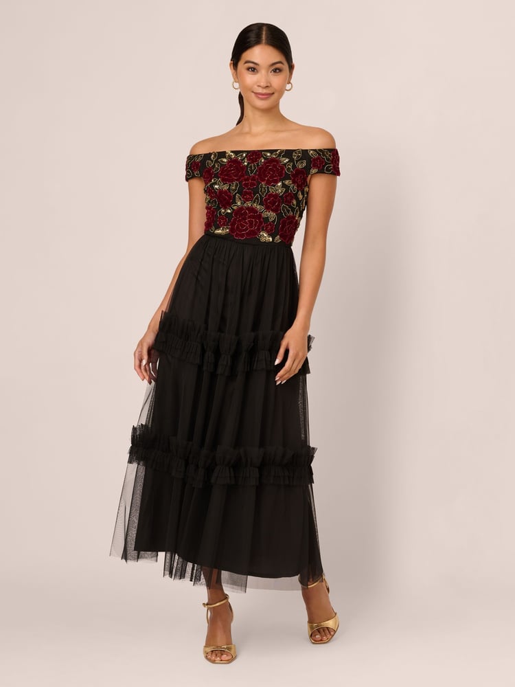 Adrianna Papell Velvet Tulle Party Black Dress - Image 1 of 7